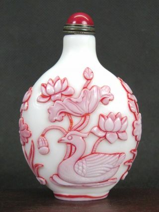 Chinese Carp Duck Carved Peking Overlay Glass Snuff Bottle 4