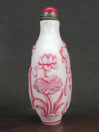 Chinese Carp Duck Carved Peking Overlay Glass Snuff Bottle 6