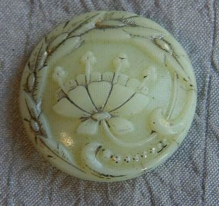 Victorian Antique Uranium Glass Button Water Lily Flower Glows Green 124 - A