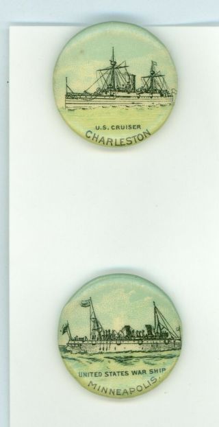 2 Vtg 1890s - 00s Spanish American War Great White Fleet Pinback Buttons Charlestn