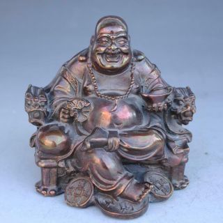 Chinese Copper Seat Dragon Chair Happy Laugh Maitreya Buddha Yunabao Statue C01