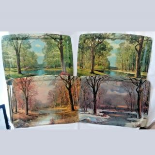 Four Seasons Landscape Scene Signed Robert Wood 1956 Folding Tv Trays Tables