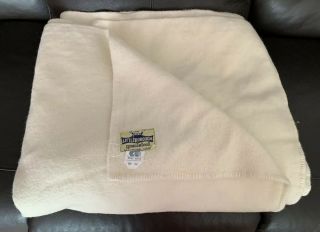 Vintage 1940s Cream Wool Blanket Utility Mark Label 79 X 90 Inches Retro Camper