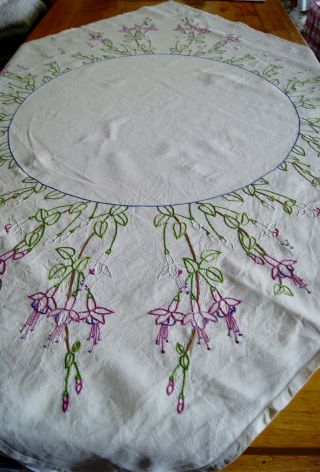 Vintage Irish Linen Tablecloth Hand Embroidered Fuchsia Flowers 48 " Sq T15