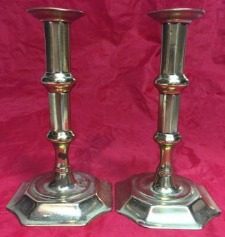 Antique 18th/19th Century Signed R.  Bush Pair Brass Queen Anne Candlesticks