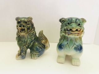 Set Of 2 Vtg Chinese Ceramic Foo Dog Lion Figurines Incense Burners Decor