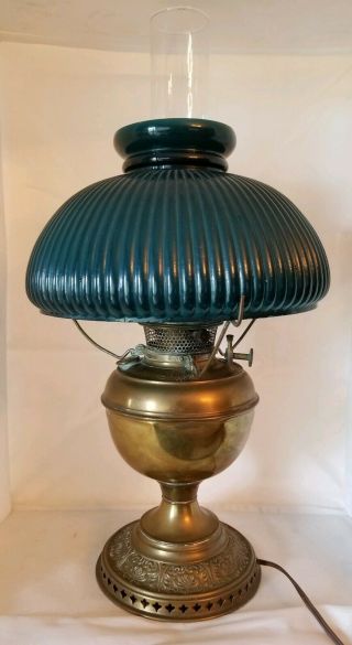 Antique Bradley & Hubbard Brass Oil Lamp With Green Glass Shade And Chi