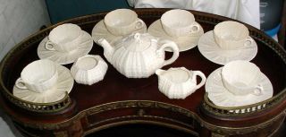 Antique Beleek Teaset Black Mark 6) Cups/ 6 Saucers/ Teapot/ Sugar & Creamer N/r