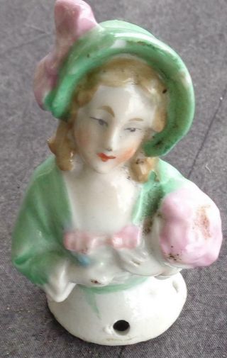 Antique Porcelain Half Doll Pin Cushion Top - Gdc - Fabulous Antique Collectible