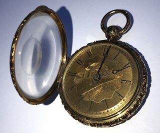 18k Gold Antique How Time Flies Rare Pocket Watch Chester Uk Engraved Picture