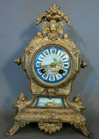 19thc Antique French Japy Freres Old Porcelain Painting Winged Lady Mantel Clock
