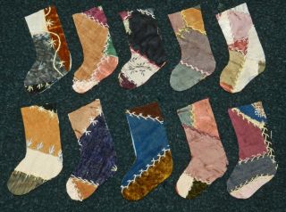 10 Awesome Primitive Antique Vintage Cutter Crazy Quilt Stockings 4