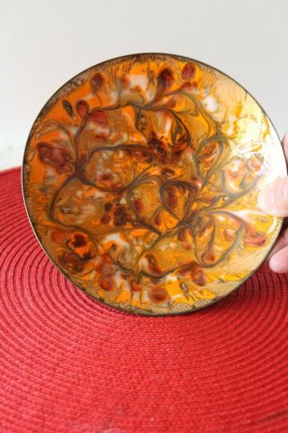 Retro Orange Enamel On Copper Metal Bowl Dish Mid Century Modern Abstractdesign