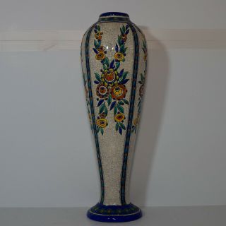 Monumental French Faience Signed Lamp Vase With Poppy Enamel Flowers.  C.  1900