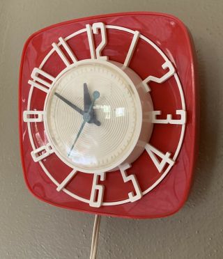Vtg 1954 General Electric Topper Red White Kitchen Clock 2H44 Telechron 4