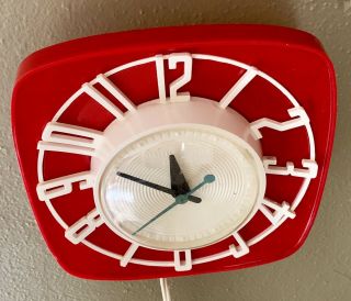 Vtg 1954 General Electric Topper Red White Kitchen Clock 2H44 Telechron 5