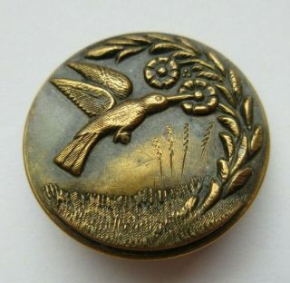 Lovely Antique Vtg Victorian Metal Picture Button Hummingbird & Flowers 1 " (c)