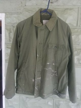 Vintage 80s A - 2 Usn Deck Jacket Coat Uss Suribachi (ae - 21) Stencil Medium