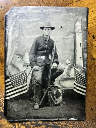 Spanish American War Photo Tintype Soldier With Rifle Flags