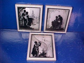 3 - 1930s Art Deco Era Framed Glass Silhouettes " Romance " Etc