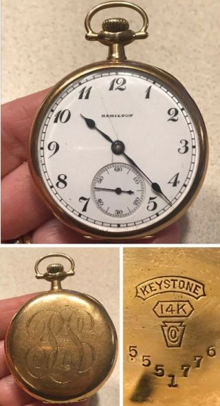 1920 Hamilton 17 Jewels 974 Open Face Pocket Watch 14k Solid Gold Keystone Case