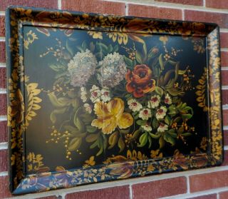 Vintage Tole Hand - Painted Roses Hydrangeas Flowers Wood Tray Picture C1940 - 50s