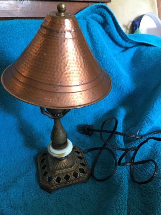 Vintage 13 " Table / Desk Lamp W/ Hammered Copper Shade & Slag Glass Ring