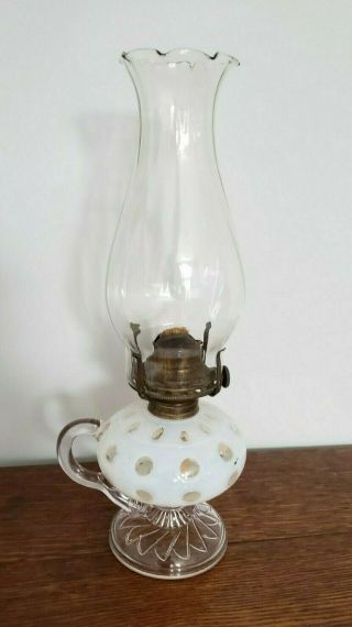 Antique Opalescent Coin Dot Finger Oil Lamp Eapg With Chimney 13 " Tall