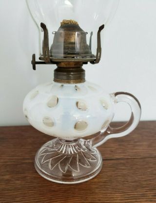 Antique Opalescent Coin Dot Finger Oil Lamp EAPG with chimney 13 