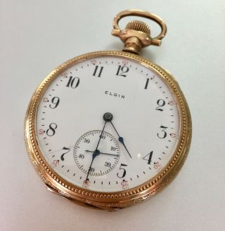 Antique Elgin Open Face Pocket Watch 17 Jewels Gold Filled Filligree Runs