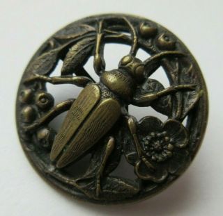 Antique Vtg Victorian Metal Picture Button Beetle Insect Flowers (c)