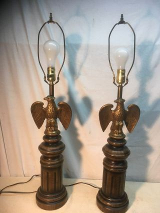 Vintage Ceramic Brass American Eagle Patriotic Table Lamps Mid Century