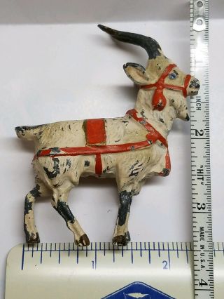 Early Antique Vintage Goat With Horns Lead Toy Figure - Painted White & Red