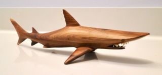 Mid Century Carved Teak Wood Shark Sculpture W/real Shark Teeth 14 " Long