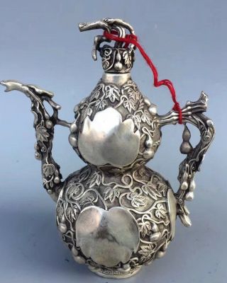 Handwork Old Collectable Miao Silver Carve Goud Rattan Shape Big Gourd Teapot