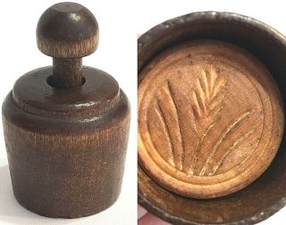 Antique Wood Butter Mold Press Stamp Wheat Design Small 1” Stamp Carved Folk Art