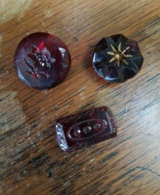 3 Fantastic Antique Vtg Ruby Red Glass Buttons,  Carved,  Gold Etching,  5/8 ",  3/4 "