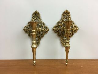 Vintage Ornate Wall Sconces Candle Holders Gold Brass Metal Gothic Antique Vtg