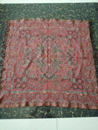 Antique French Paisley Kashmir Square Piano Shawl Wool Size 36 " X36 " Reversible