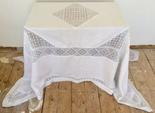 Vintage Huge Linen Crochet Blanket Tablecloth Sheet Country Cottage Shabby Chic