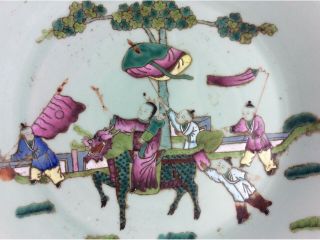 Vintage Chinese pastel green plate painted with figures,  nark on base. 2