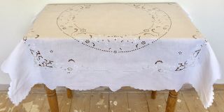 Vintage Stunning Hand Embroidered Cut Work White Linen Tablecloth