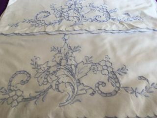 Vintage Cotton Pillowcases With Blue Embroidery And Cut Work
