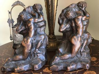 Antique J.  A.  Meliodon Armour Bronze Ny Nude Muscle Man Statue Bookends 1915