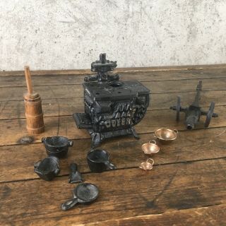 Vintage Queen Cast Iron Stove Pots Pans Dollhouse Miniature Butter Churn Parts