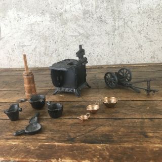 Vintage Queen Cast Iron Stove Pots Pans Dollhouse Miniature Butter Churn Parts 6