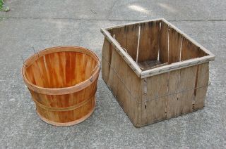 Primitive Wood Tote Crate Basket And Bushel Basket Farm Old Cobden Il Factory