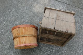 Primitive Wood Tote Crate Basket and Bushel Basket Farm Old Cobden IL Factory 4
