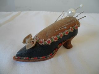Antique Pin Cushion Victorian Shoe Glass Bead Work