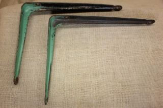 2 Shelf Brackets 8 " X 10 " Rustic Supports Black Green Paint Old Vintage Steel